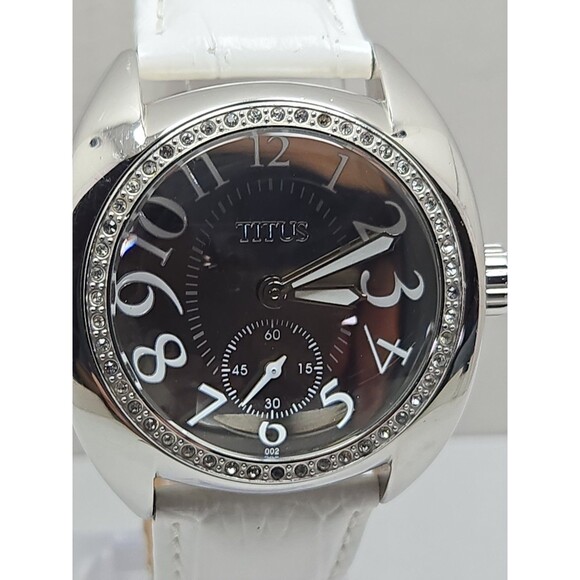 Titus Womens Watch Silver Tone Rhinestone Bezel White Leather Quartz New Battery main image 11